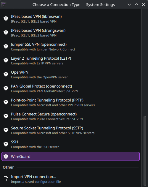 Das Fenster "Choose a Connection Type" mit einer Liste von VPN-Typen. Der Eintrag WireGuard ist markiert