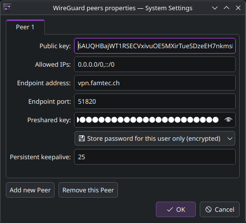 Das Fenster "WireGuard peers properties" mit den Feldern Public key, Allowed IPs, Endpoint address, Endpoint port, Preshared key und Persistent keepalive