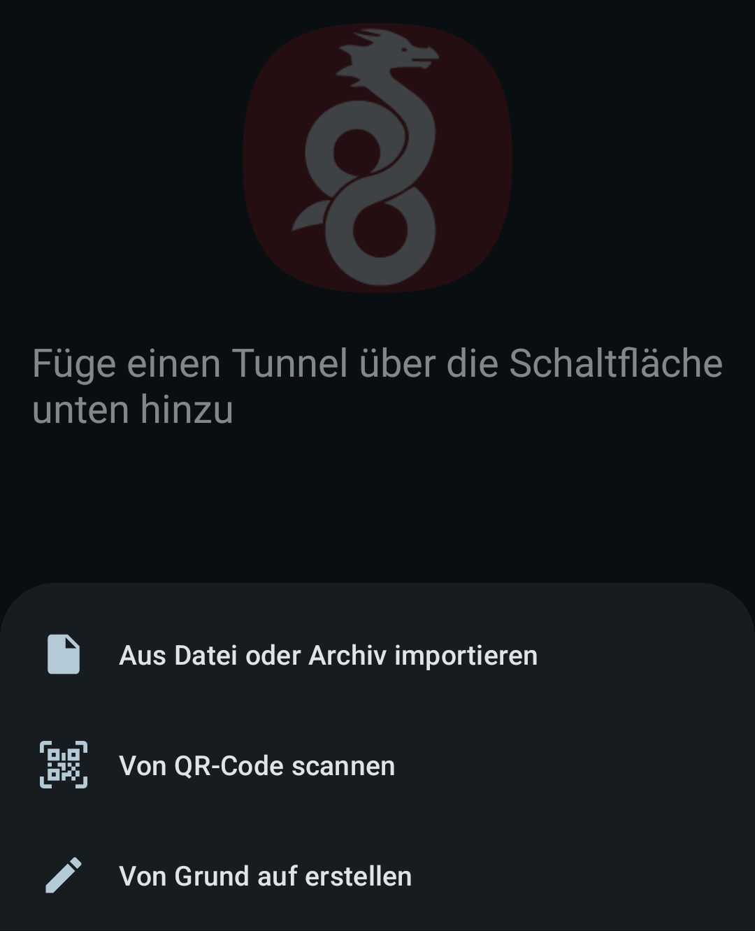 Das Auswahlmenü der WireGuard-App mit den drei Möglichkeiten: aus Datei oder Archiv importieren, von QR-Code scannen, von Grund auf erstellen